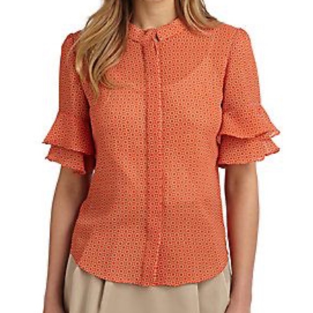 Pink Tartan orange circle print ruffle sleeve top